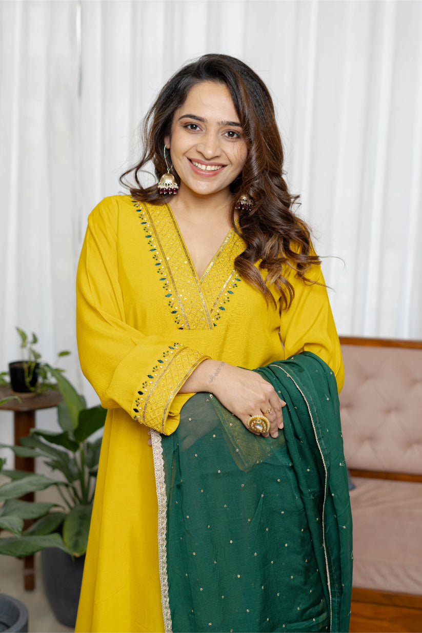 Sunlit mustard chanderi a-line suit set with Organza Dupatta