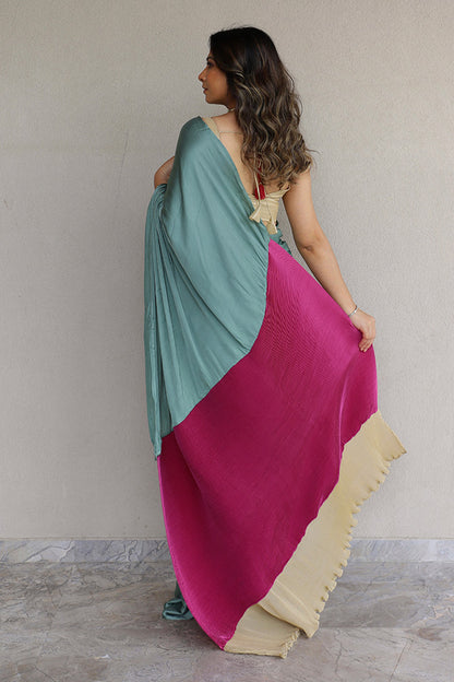 Green Sage with Pleated Majenta and Gold Saree