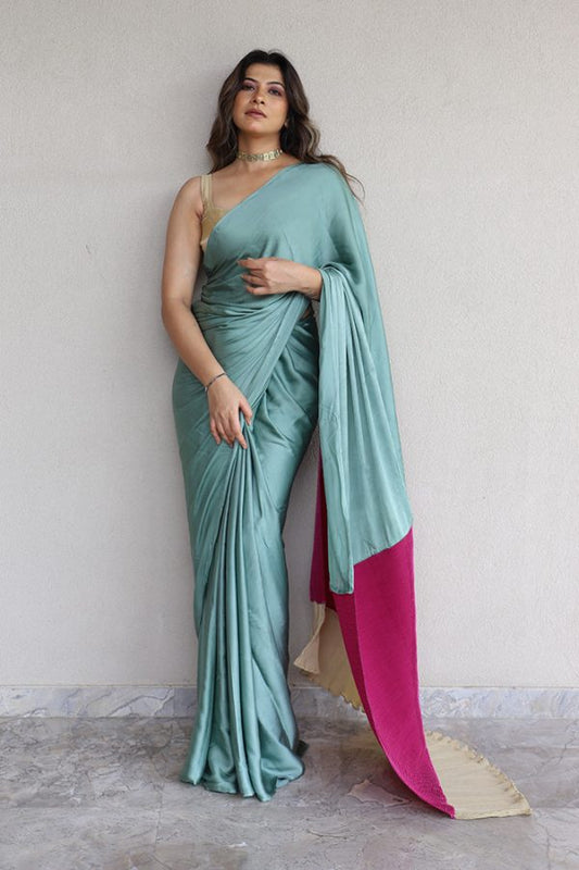 Green Sage with Pleated Majenta and Gold Saree