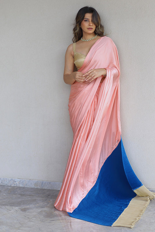 Peach with Pleated Blue and Gold Saree