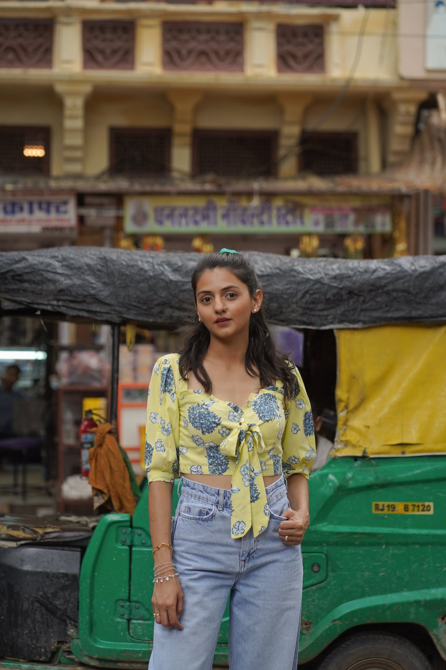Starfield- Yellow Hydrangea Print with Ruffles and Puffed Sleeves