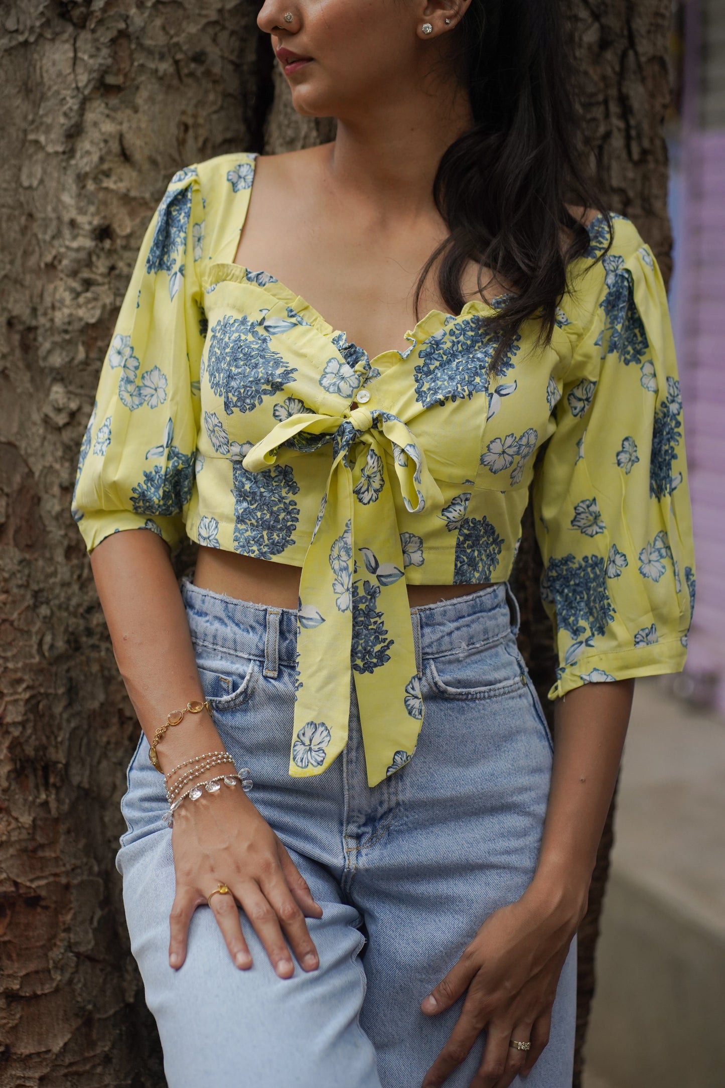 Starfield- Yellow Hydrangea Print with Ruffles and Puffed Sleeves