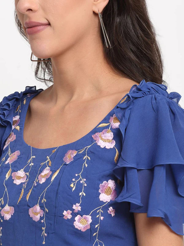 Blue Floral Embroidered Top