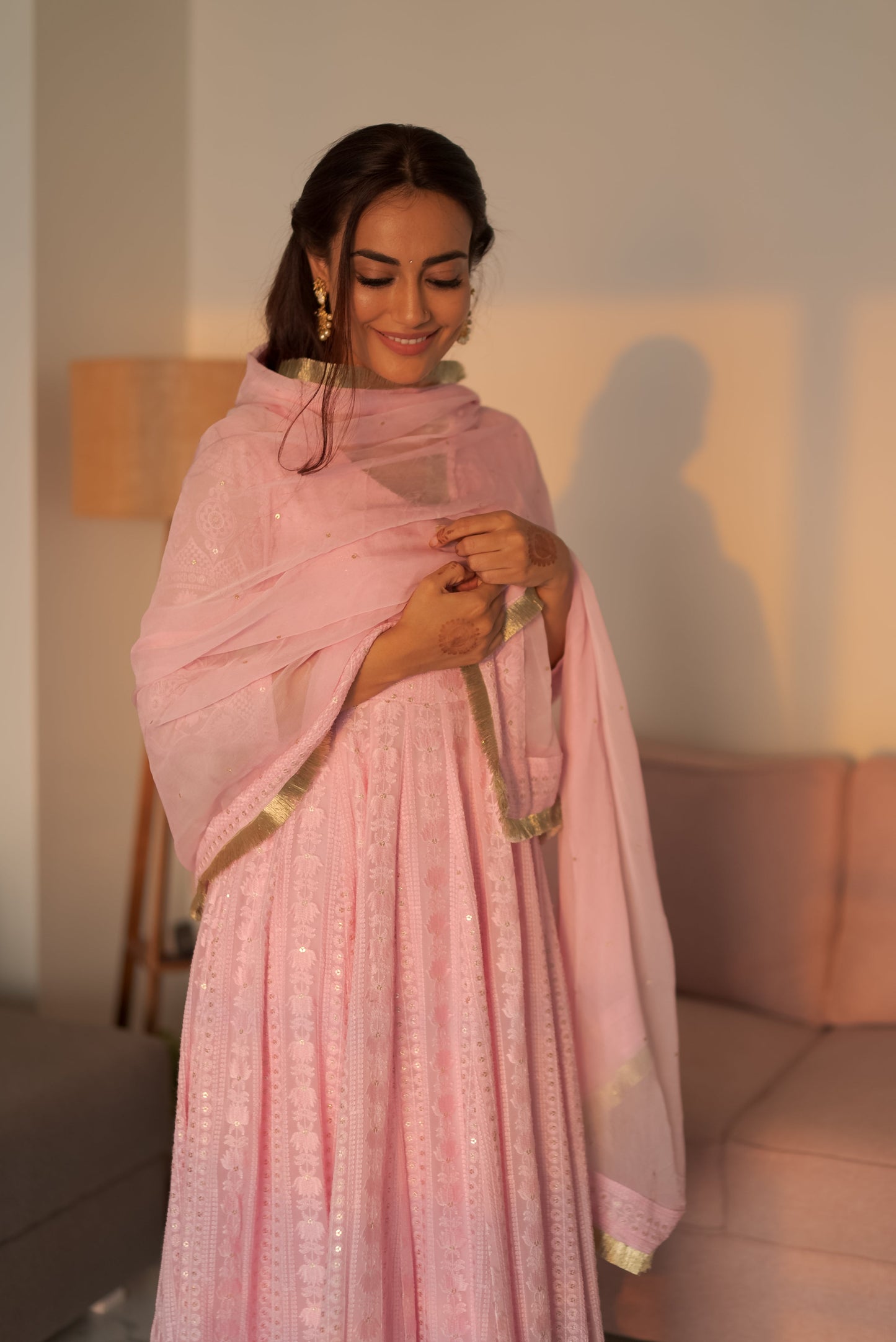 Pink Chikankari Anarkali Set (Set of 3)