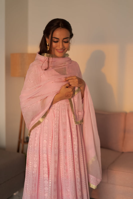 Pink Chikankari Anarkali Set (Set of 3)