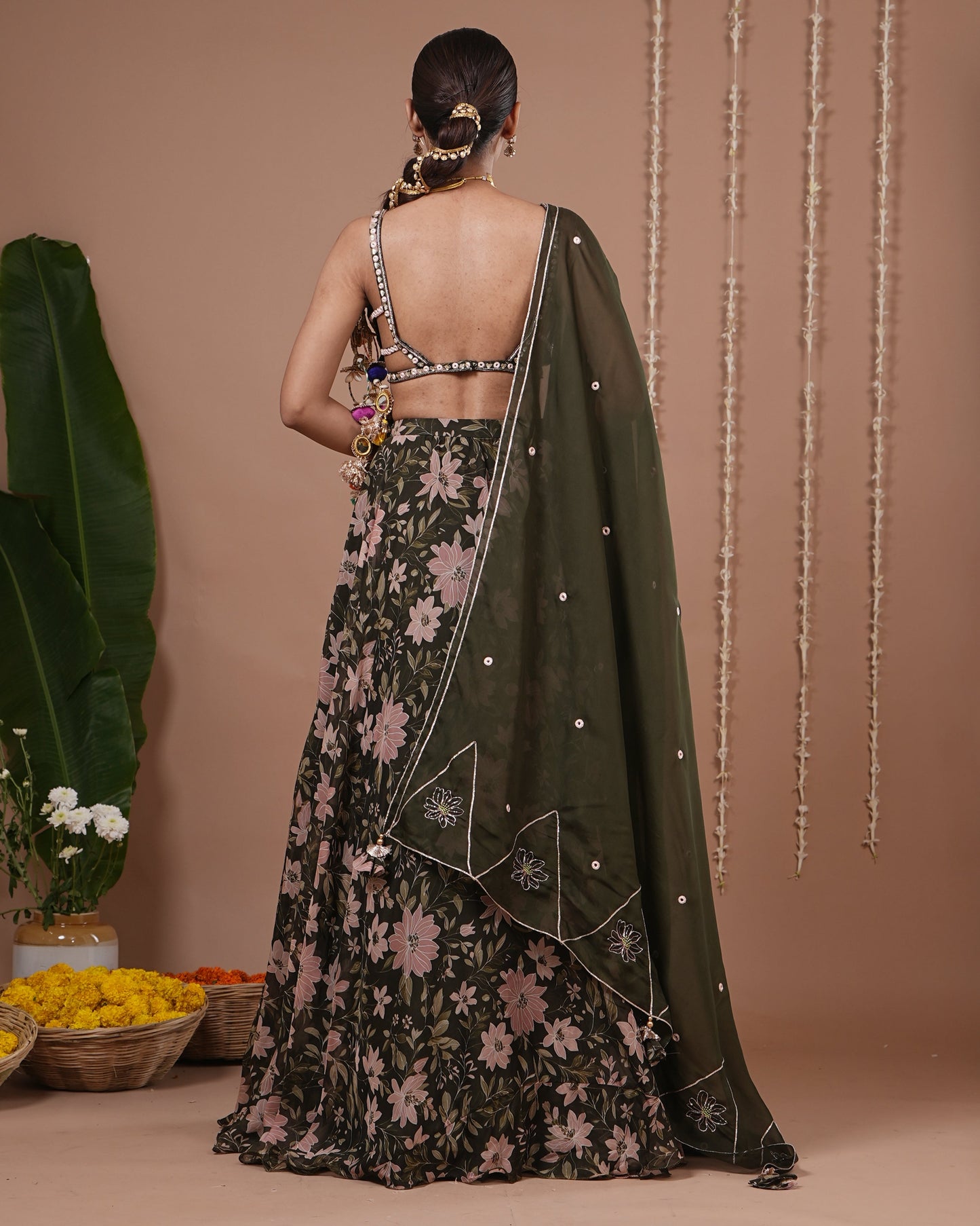 Olive Green Floral Printed Organza Lehenga Set (Set of 3)