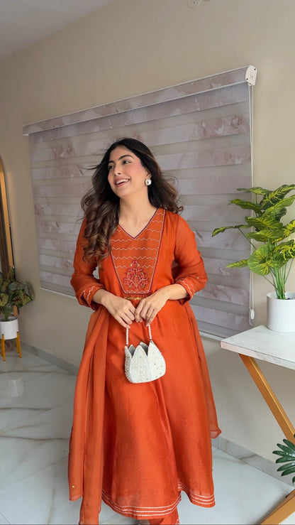 TANIYA ATMARAMANI ORANGE YOKE KALI  KURTA SET