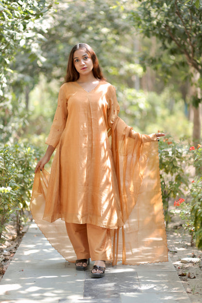 Mustard Yellow Pure Silk Mul Chanderi 3-Piece Set