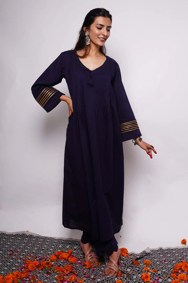 Indigo Cotton A-Line Kurta Set