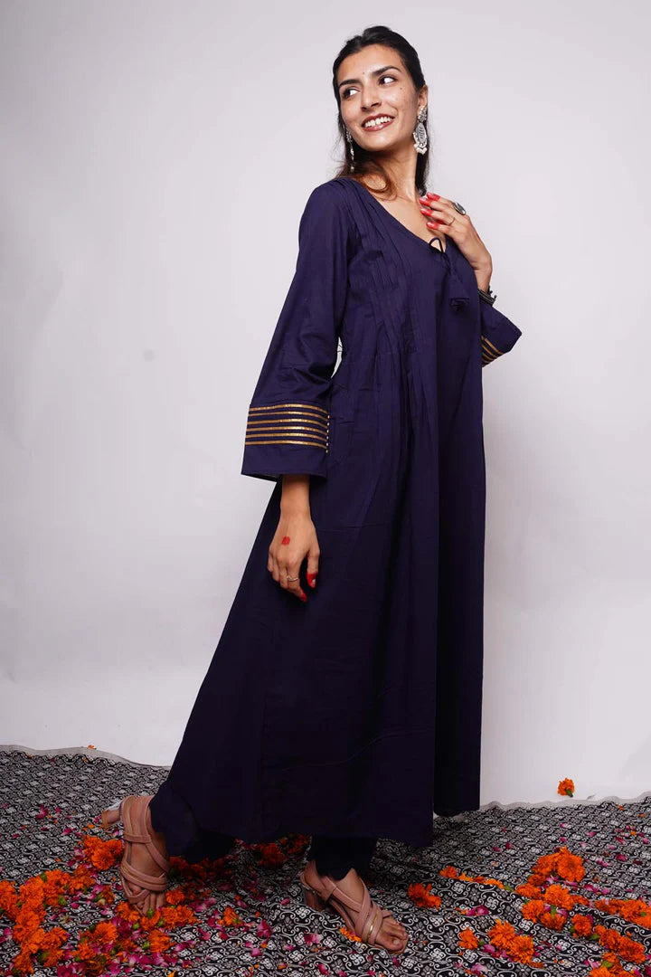 Indigo Cotton A-Line Kurta Set