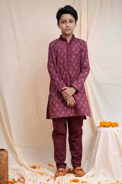 Maroon Printed Collar Kurta Set