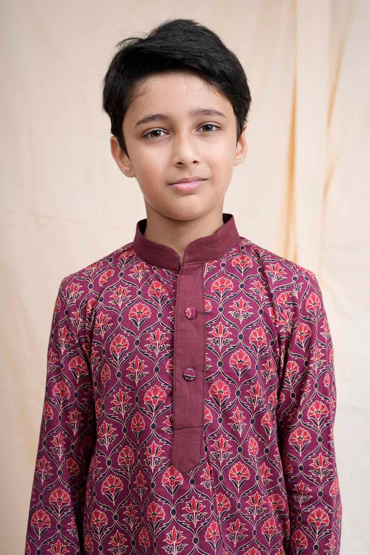 Maroon Printed Collar Kurta Set