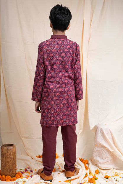 Maroon Printed Collar Kurta Set