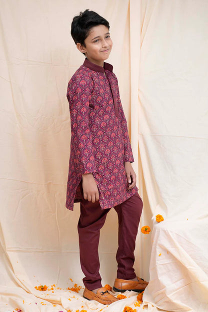 Maroon Printed Collar Kurta Set