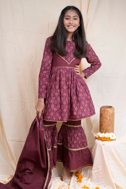 Maroon Printed Short Kurta Set