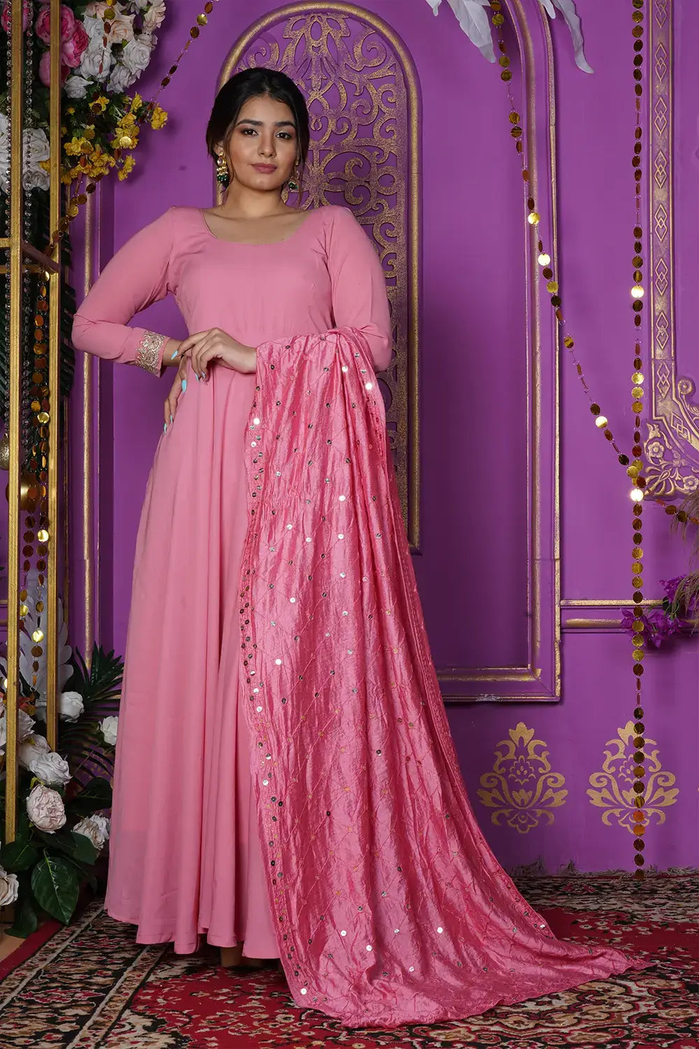 Pink Gown with Mirror Work Dupatta