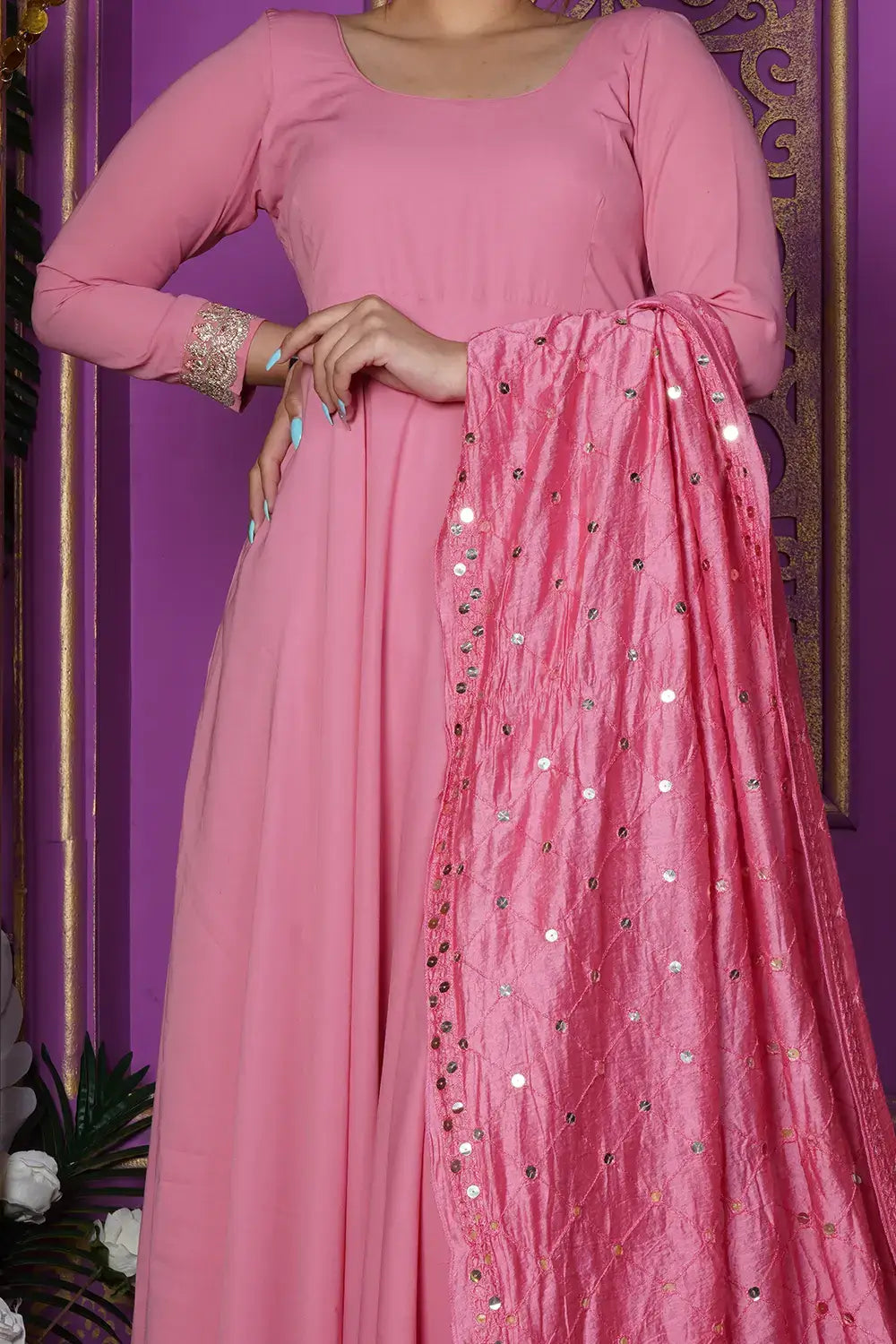 Pink Gown with Mirror Work Dupatta