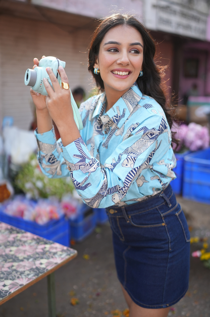 Zoom Meow Blue Cotton Shirt