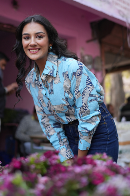 Zoom Meow Blue Cotton Shirt