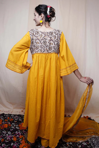 Mustard Cotton Flared Kurta Set