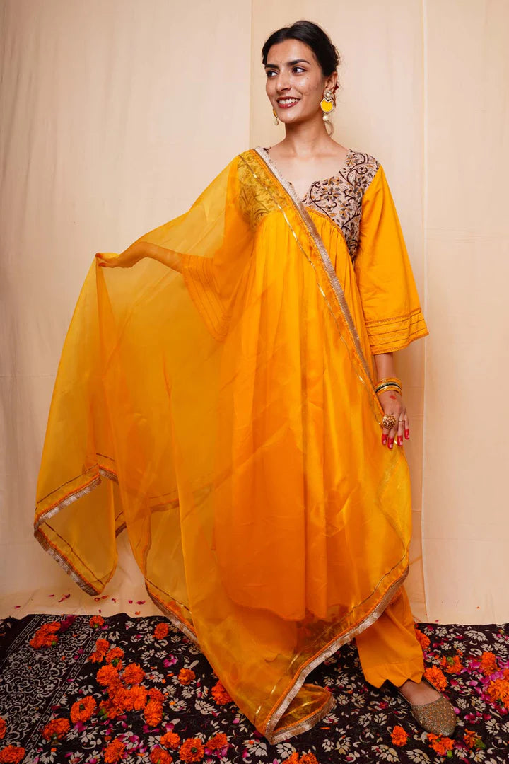 Mustard Cotton Flared Kurta Set