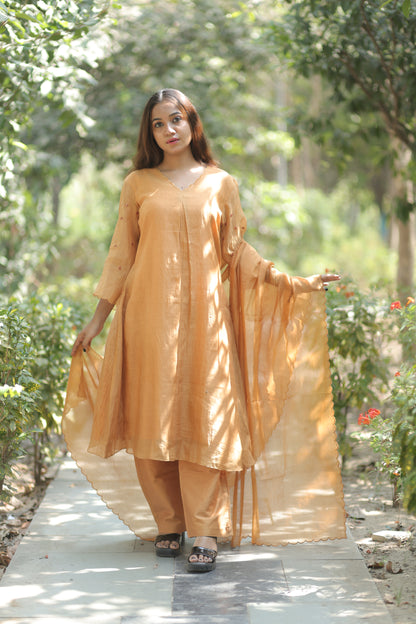 Mustard Yellow Pure Silk Mul Chanderi 3-Piece Set