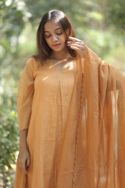 Mustard Yellow Pure Silk Mul Chanderi 3-Piece Set