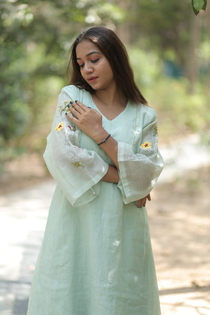 Sage Green Pure Silk Mul Chanderi 3-Piece Kurti Set