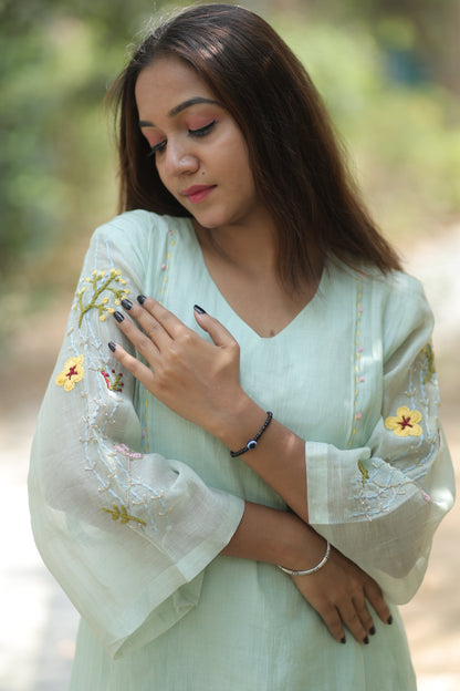 Sage Green Pure Silk Mul Chanderi 3-Piece Kurti Set