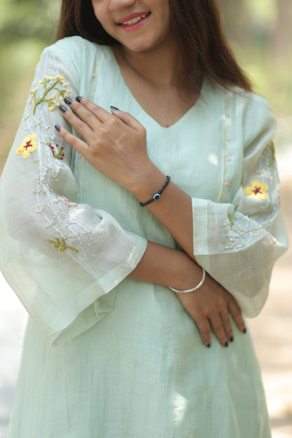 Sage Green Pure Silk Mul Chanderi 3-Piece Kurti Set