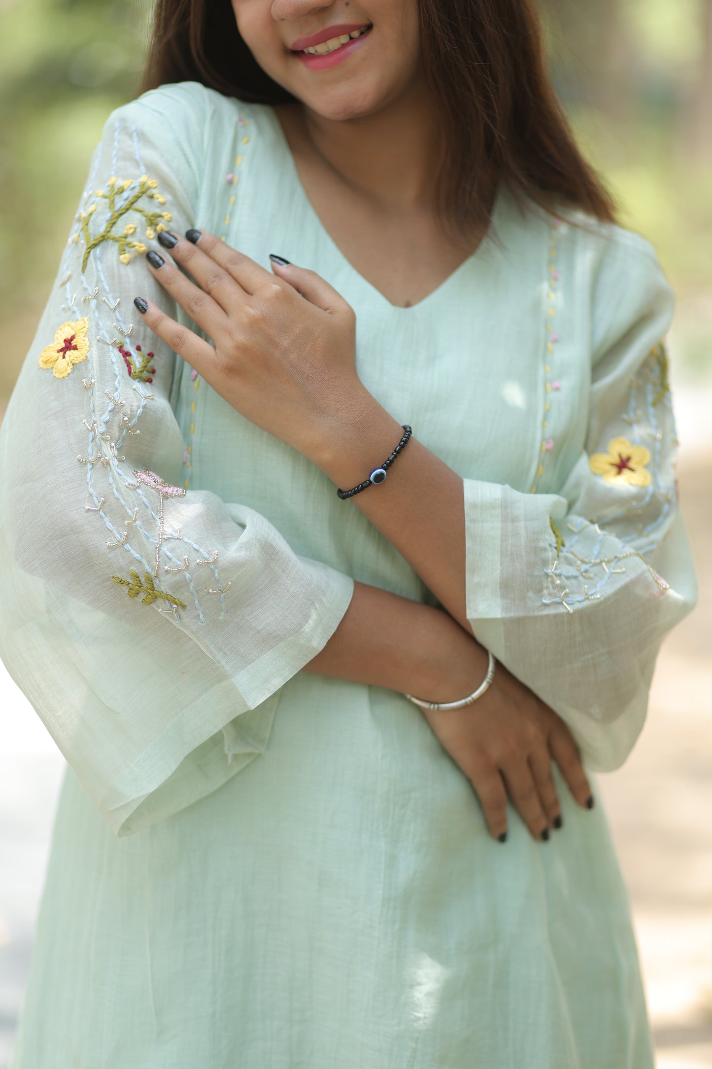 Sage Green Pure Silk Mul Chanderi 3-Piece Kurti Set