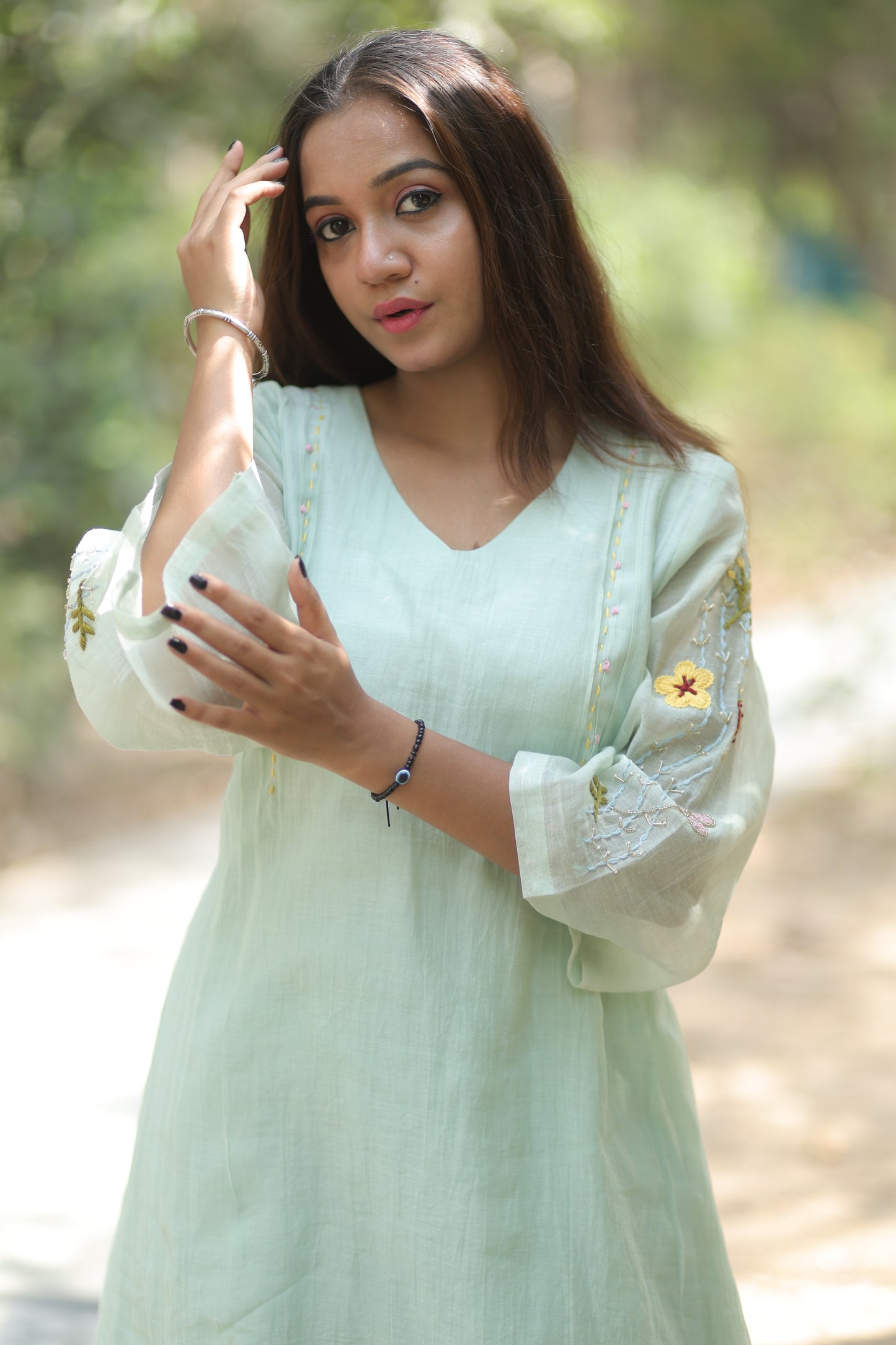 Sage Green Pure Silk Mul Chanderi 3-Piece Kurti Set