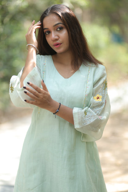 Sage Green Pure Silk Mul Chanderi 3-Piece Kurti Set