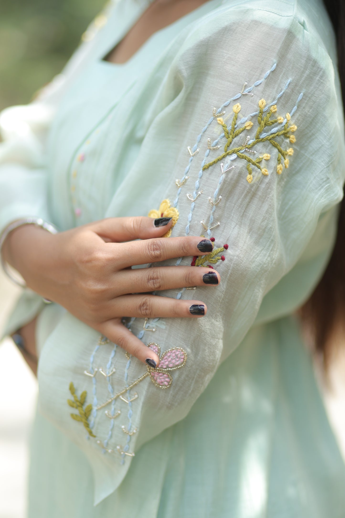 Sage Green Pure Silk Mul Chanderi 3-Piece Kurti Set