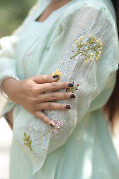 Sage Green Pure Silk Mul Chanderi 3-Piece Kurti Set