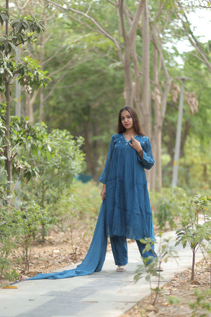 Sapphire Blue Pure Silk Mul Chanderi 3-Piece Kurti Set