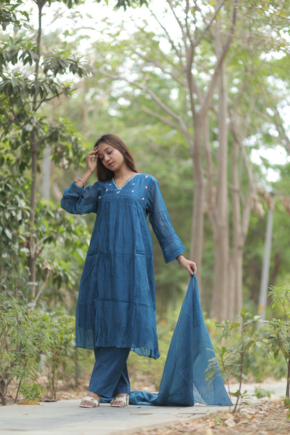 Sapphire Blue Pure Silk Mul Chanderi 3-Piece Kurti Set