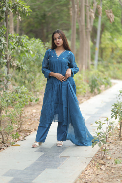 Sapphire Blue Pure Silk Mul Chanderi 3-Piece Kurti Set