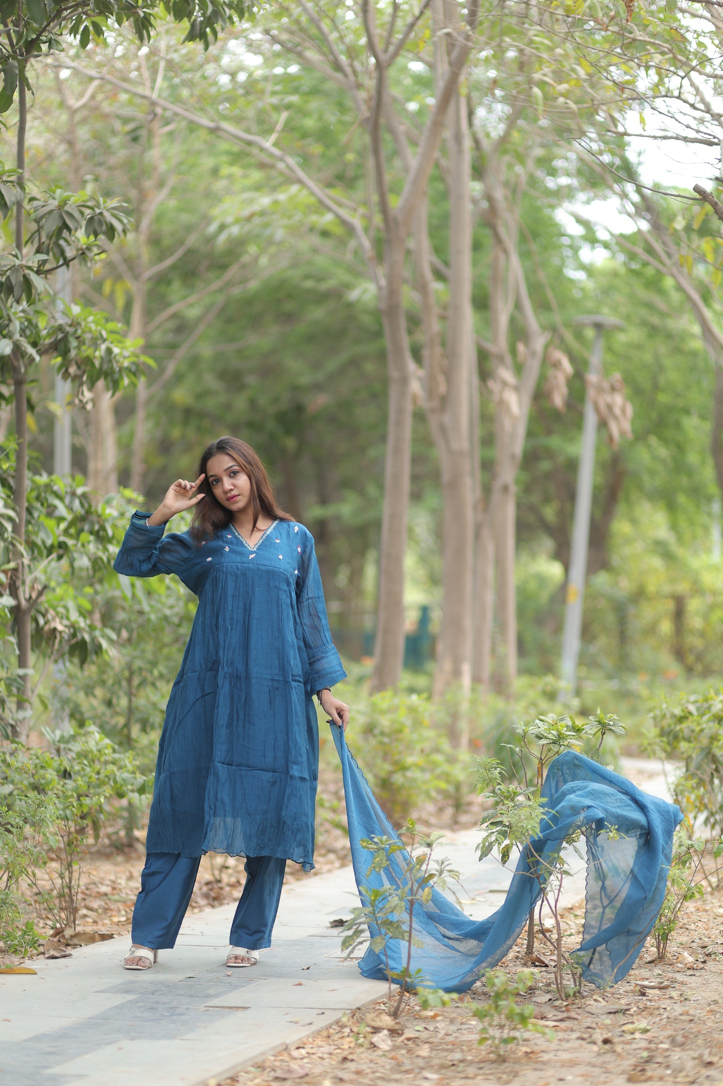 Sapphire Blue Pure Silk Mul Chanderi 3-Piece Kurti Set
