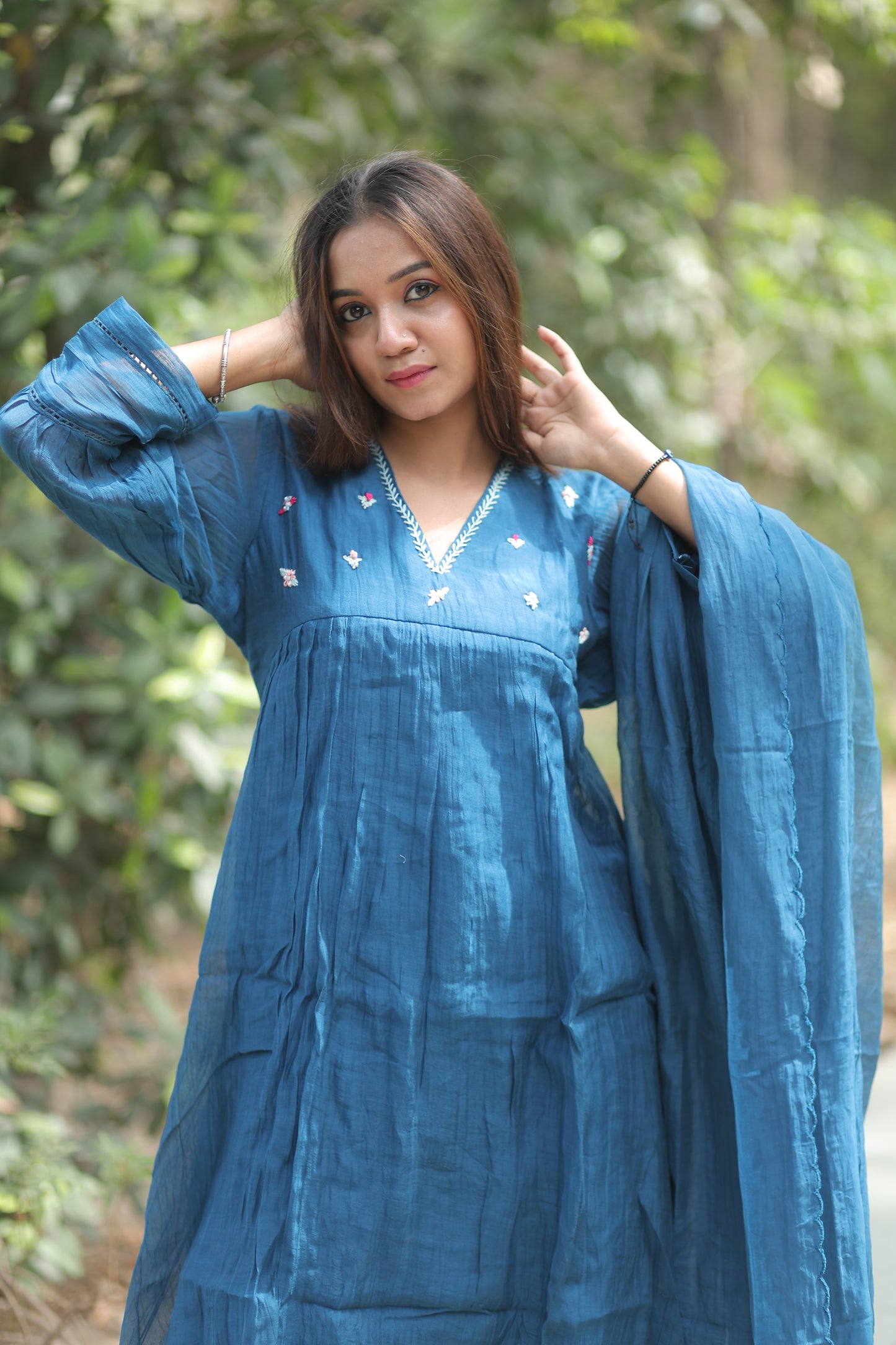 Sapphire Blue Pure Silk Mul Chanderi 3-Piece Kurti Set