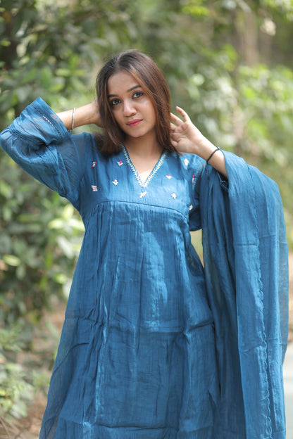 Sapphire Blue Pure Silk Mul Chanderi 3-Piece Kurti Set