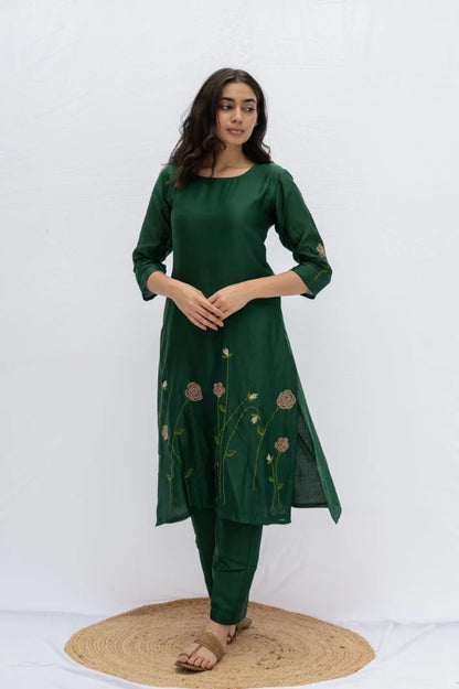 Green rose kurta , pant and dupatta 3pc