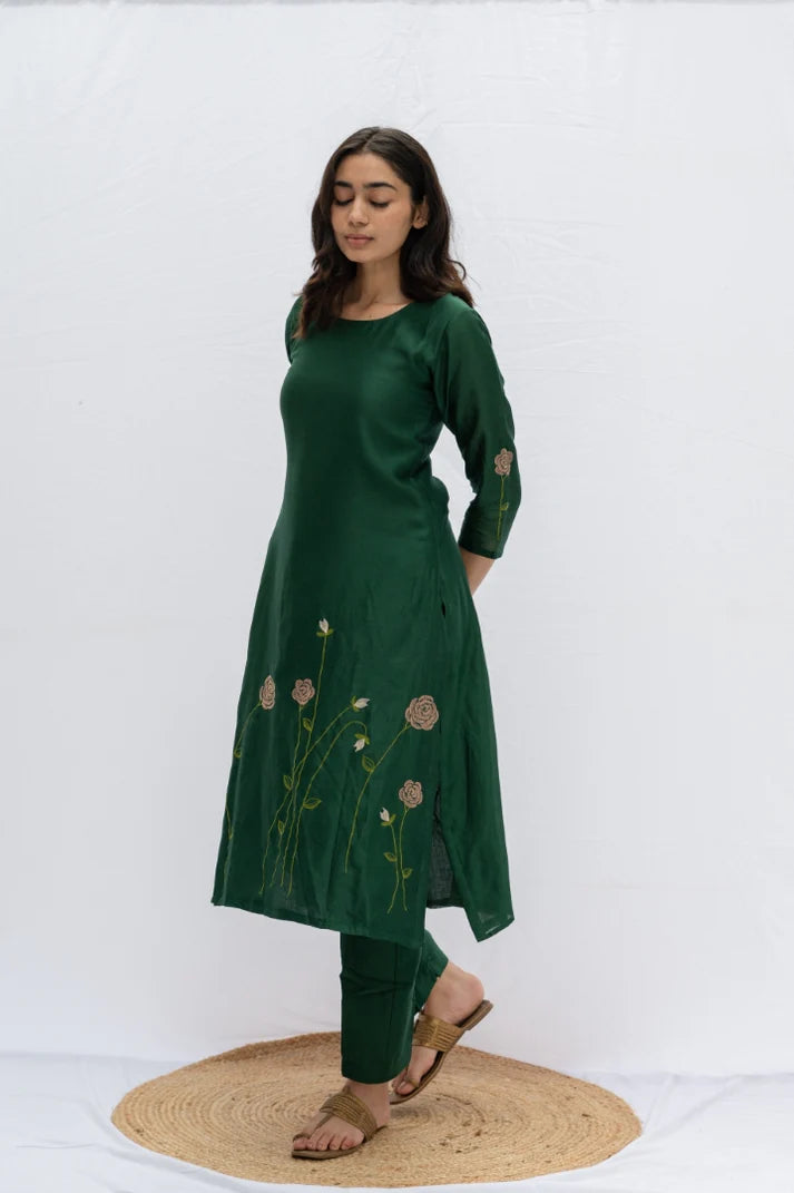 Green rose kurta , pant and dupatta 3pc