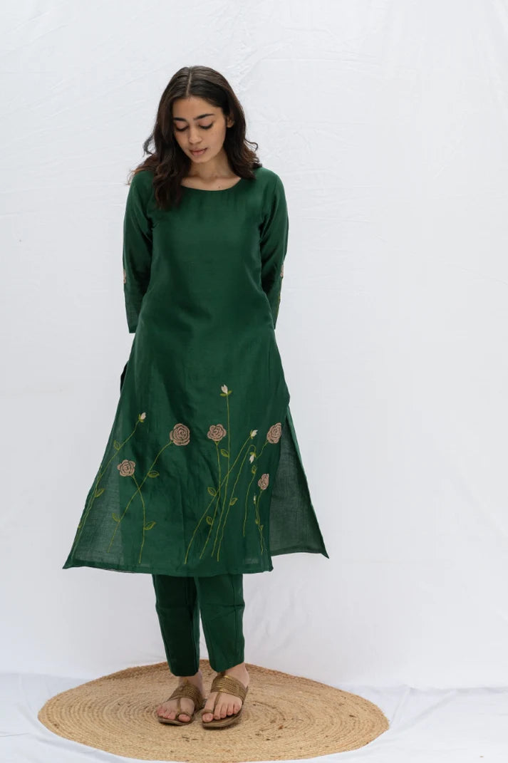 Green rose kurta , pant and dupatta 3pc