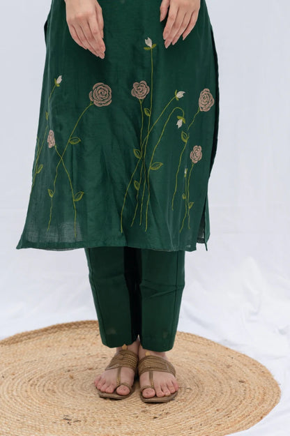 Green rose kurta , pant and dupatta 3pc