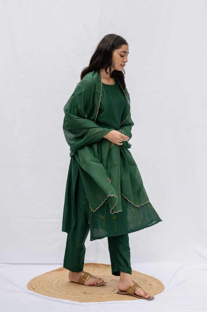 Green rose kurta , pant and dupatta 3pc