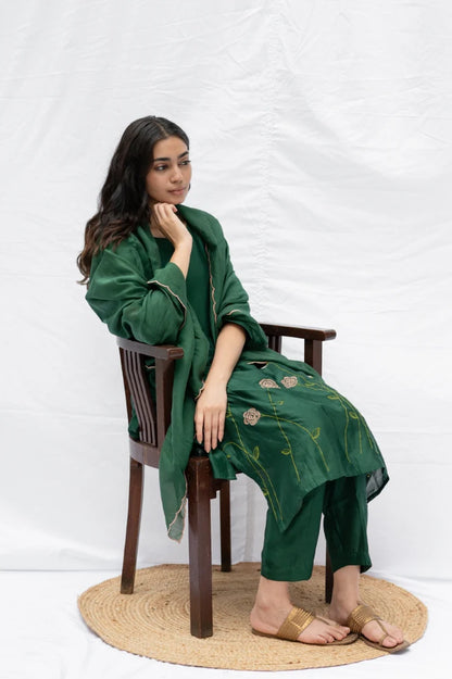 Green rose kurta , pant and dupatta 3pc