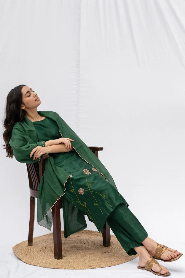 Green rose kurta , pant and dupatta 3pc