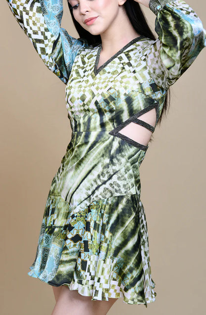 Green Abstract Print Cut Out Dress