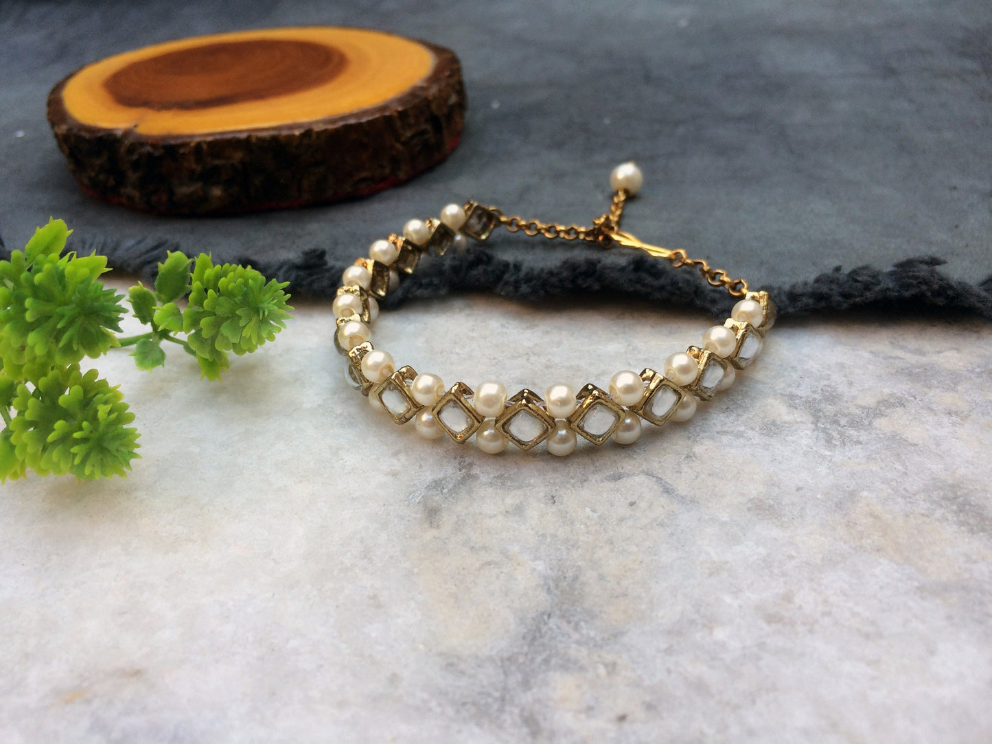 Square Kundan Stone and Pearl Bracelet